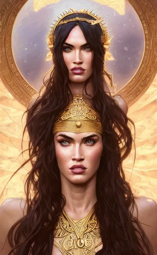 Image similar to portrait of megan fox as the goddess circe, greek mythology, intricate, headshot, highly detailed, digital painting, artstation, concept art, sharp focus, cinematic lighting, illustration, art by artgerm and greg rutkowski, alphonse mucha, cgsociety