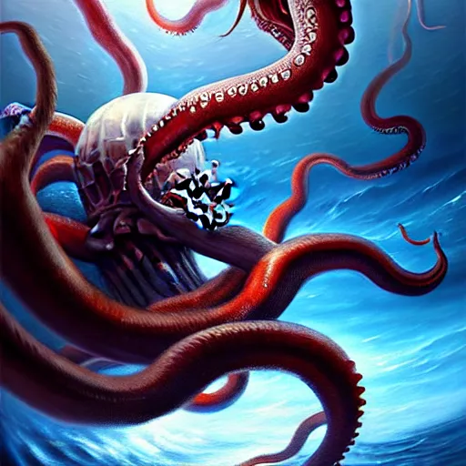 Image similar to a dream fantasy painting of a a man fighting a giant octopus in the deep of the ocean, by beksinki, giger, greg rutkowski, carne griffith trending on artstation, deviantart, photorealism