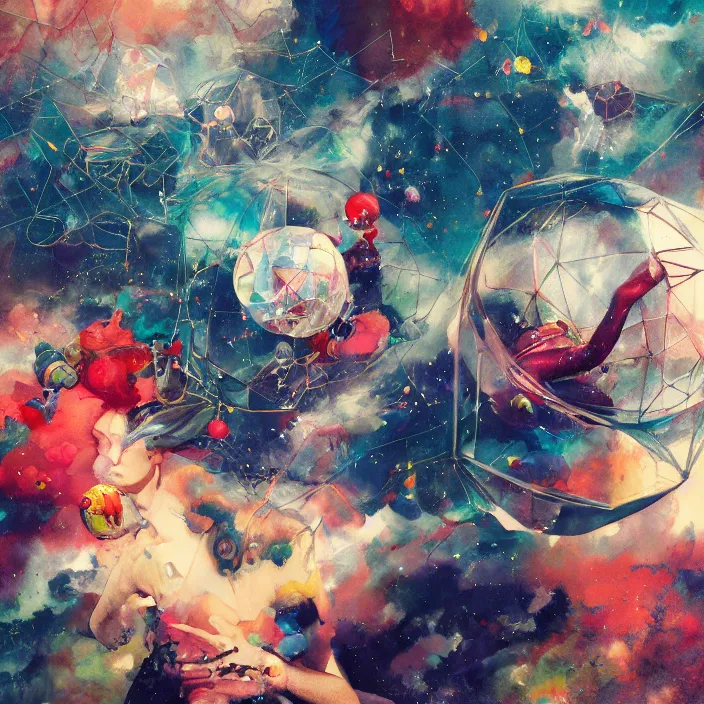 Prompt: surreal gouache painting, by yoshitaka amano, by ruan jia, by conrad roset, by kilian eng, by good smile company, incredibly detailed, of floating molecules and a mannequin artist holding an icosahedron with stars, clouds, and rainbows in the background, cgsociety, artstation, modular patterned mechanical costume and headpiece