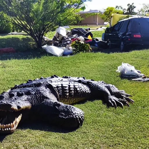 Image similar to one large alligator on a leash sleeping next to a very large mound of trash, papers, junk, and metal parts in a suburban yard