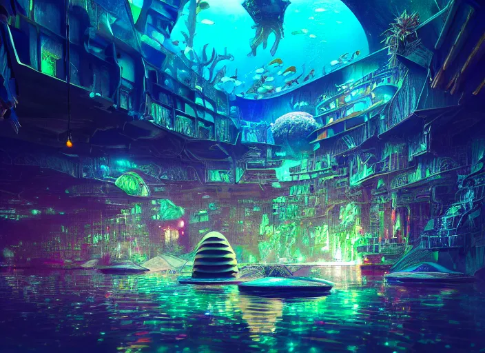 Image similar to favela spaceship cathedral, underwater environment, sorcery, scenery, professional, award - winning, trending on artstation, hyper detailed, realistic, beautiful, emotional, shiny, colorful, picture