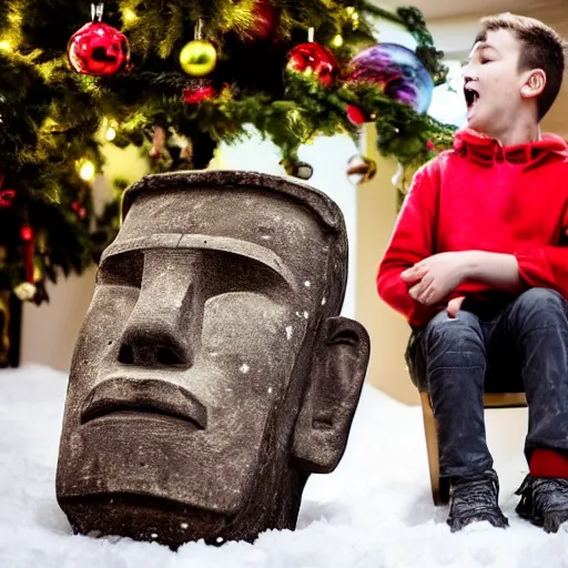 Prompt: a kid at christmas disappointed and crying looking a giant moai statue, his hands buried in his face, sitting down, looking disgusted and annoying | inside of a house next to a christmas tree, large opened present box next to the moai