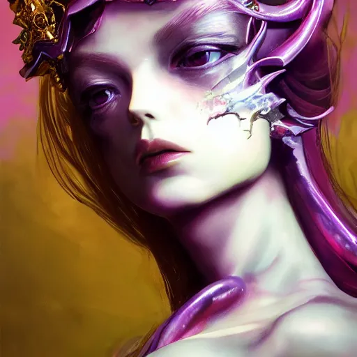 Image similar to female angel queen head wearing shiny pink crown, subtle purple accents, hyper details, black metal rococo, sculpted by Alex Alice, Craig Mullins, yoji shinkawa, trending on artstation, beautifully lit, Peter mohrbacher, hyper detailed, elite, elegant, luxury, ray of light through smoke, CGsociety, hypermaximalist, golden ratio, neofuture, volumetric, octane render, weta digital, micro details, 3d sculpture