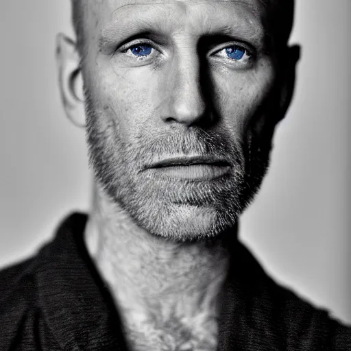 Prompt: color portrait of a middle aged balding blue eyed ginger white male model By Emmanuel Lubezki