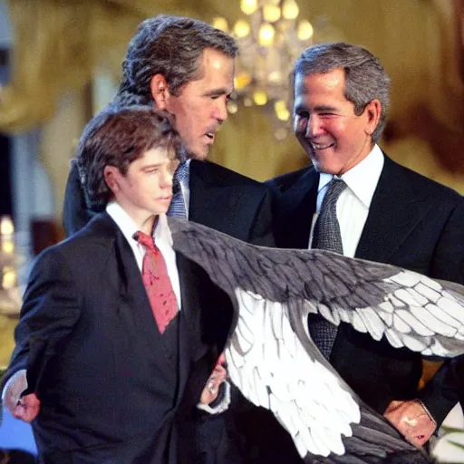 Image similar to george w bush painting a picture of johnny depp with wings