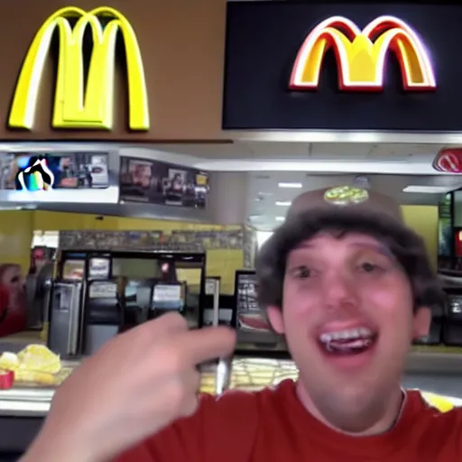 Image similar to gopro footage of me in mcdonalds ordering a cheeseburger, pov, dramatic