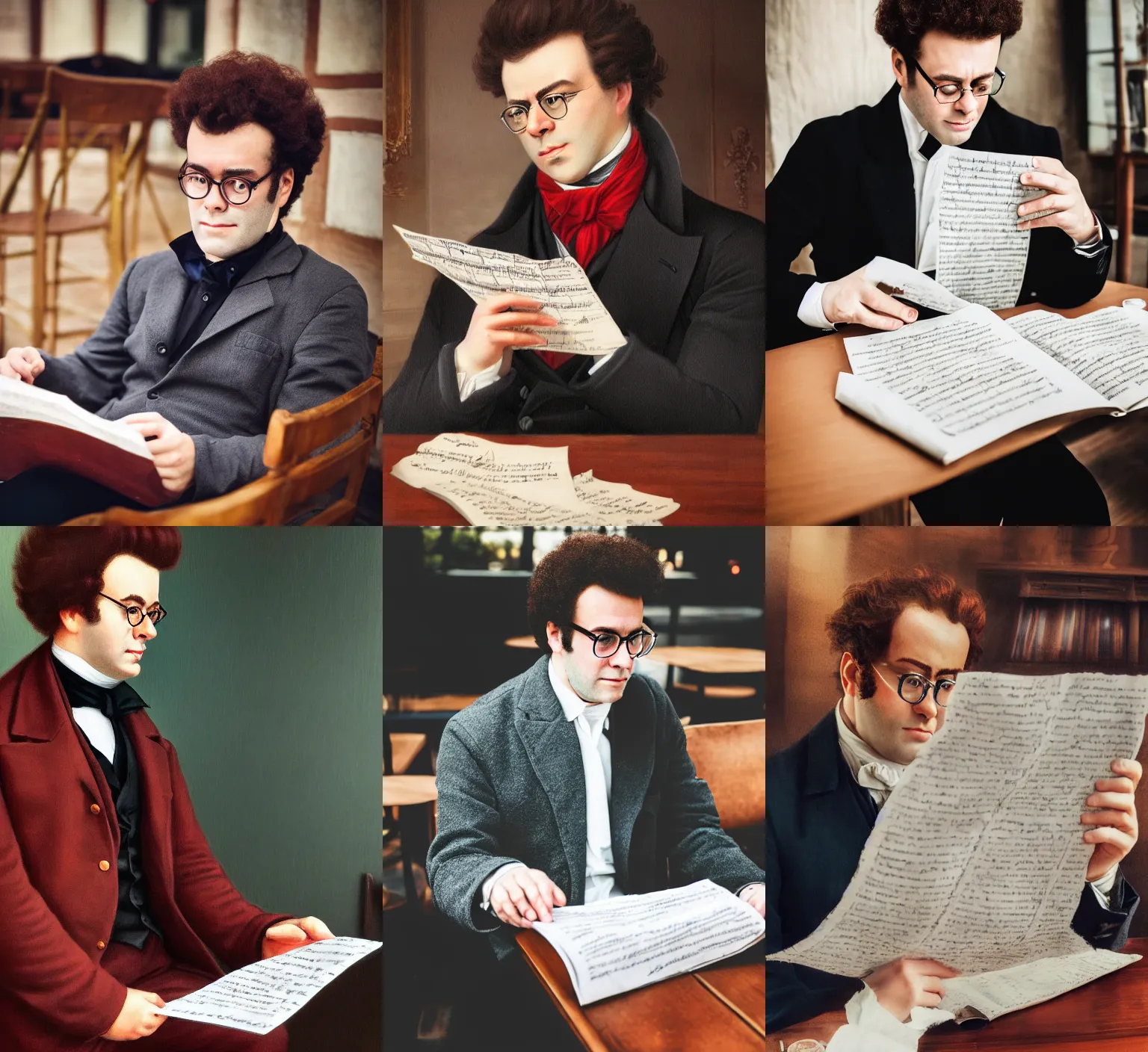 Prompt: professional fine detailed photo portrait of a man resembling franz schubert sitting at the cafe and reading musical sheet, franz schubert look alike, rich colors, iphone photo, 4 k photo, instagram, realistic photo, detailed photo, very beautiful photo