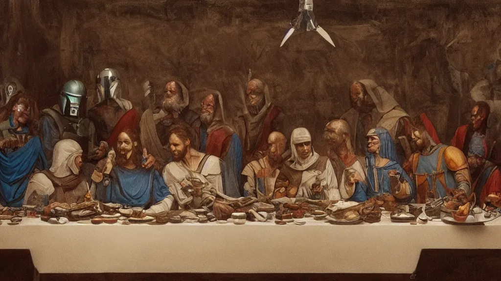 Image similar to mandalorian last supper, by leonardo davinci, concept art, oil painting, art station, dynamic lighting, highly detailed, very detailed, 4 k