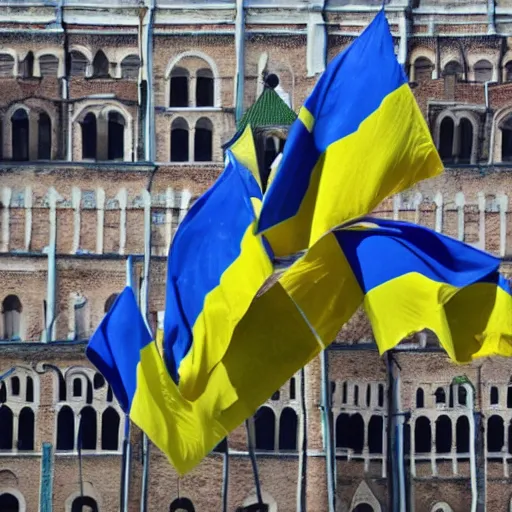 Prompt: A photo of Kremlin captured by Ukrainians with Ukrainian flags on top