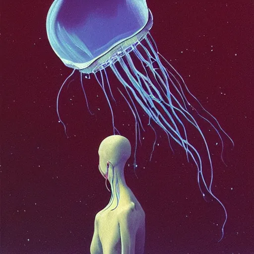 Image similar to portrait painting of jellyfish shark moon star, science fiction, Edward Hopper and James Gilleard, Zzislaw Beksinski, highly detailed