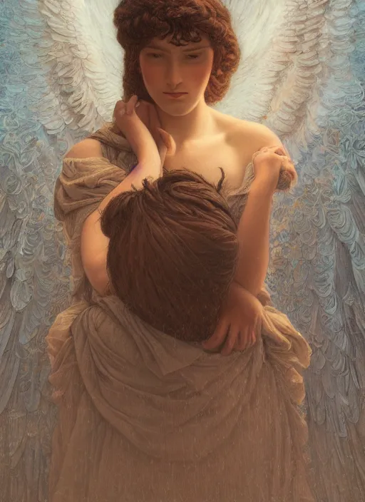 Image similar to intricate oil painting portrait by John William Godward and Anna Dittman and Laurie Greasley and Victo Ngai and Taro Okamoto and Caspar David Friedrich depicting gabriel the archangel, evening, atmospheric lighting, intricate detail, cgsociety, hyperrealistic, octane render, RPG portrait, ambient light, dynamic lighting