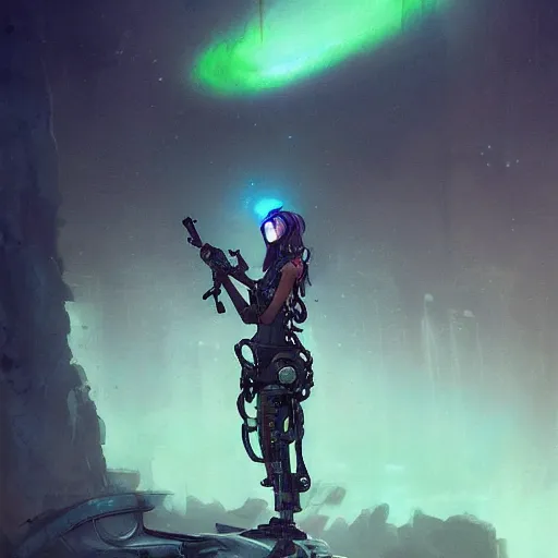 Image similar to cybernetically enhanced female cyberpunk sorcerer sniper, an epic grim hyperdetailed 3 d matte painting, hallucinogenic on a distant sci - fi planet under dramatic aurora borealis by peter mohrbacher by jakub rozalski