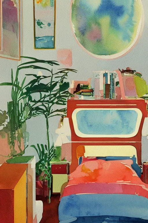 Prompt: a 70s impressionist watercolor of a retro 70s sci-fi floral bedroom by Cressida Campbell, by Wes Anderson, spiraling design