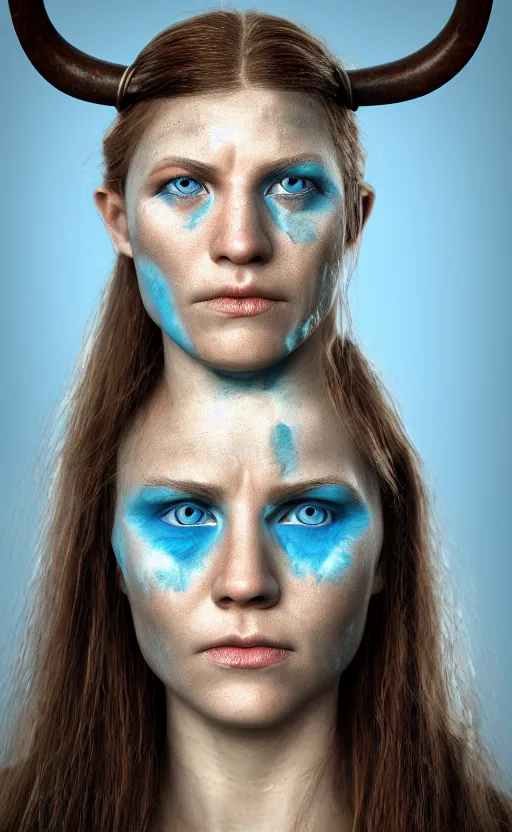 Image similar to photorealistic head and shoulders portrait of female viking warrior with large sad blue eyes, damaged, cinematic, anamorphic