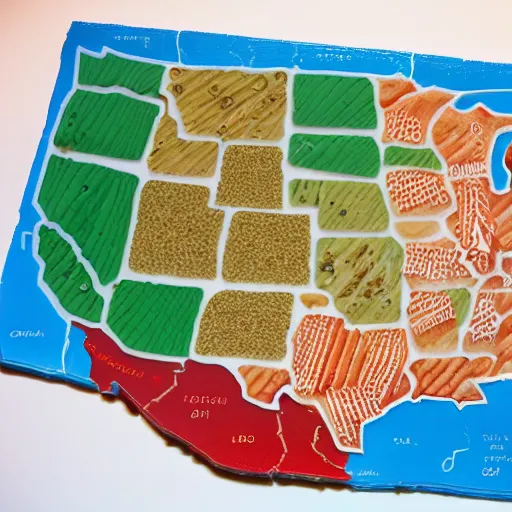 Image similar to a photo of the map of the USA made from sushi, recipe, map, accurate, 8k, high detail,