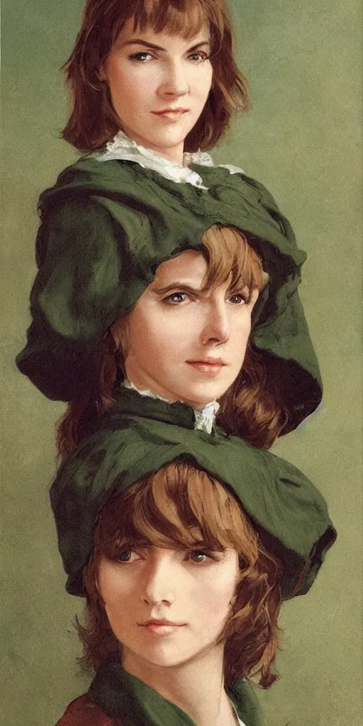 Image similar to a beautiful woman, beauty, high cheek bones, half onesided smile, mischievous, bard, brown hair, messy hairstyle, short hair, cream colored peasant shirt, brown pants, leather boots, dark green cloak, round hood, elf ears, youthful, white background, proportionate, by j.c. leyendecker, single face, trending on artstation, realistic, highly detailed, masterpiece