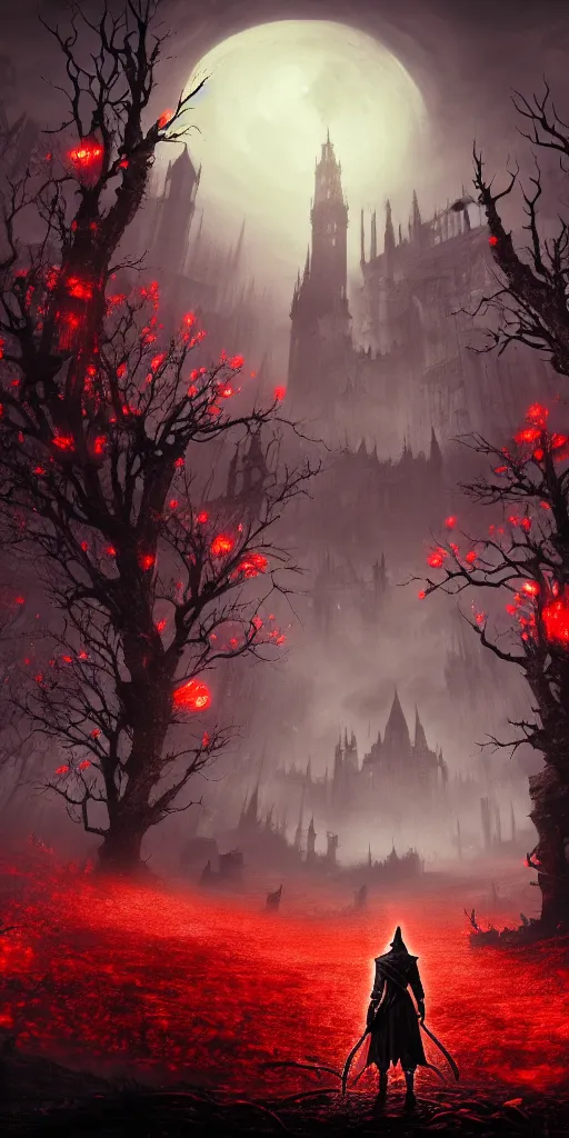 Image similar to abandoned bloodborne old valley with a person at the centre and a ruined gothic city at the end of the valley, trees and stars in the background, falling red petals, epic red - orange moonlight, perfect lightning, wallpaper illustration by niko delort and kentaro miura, 4 k, ultra realistic