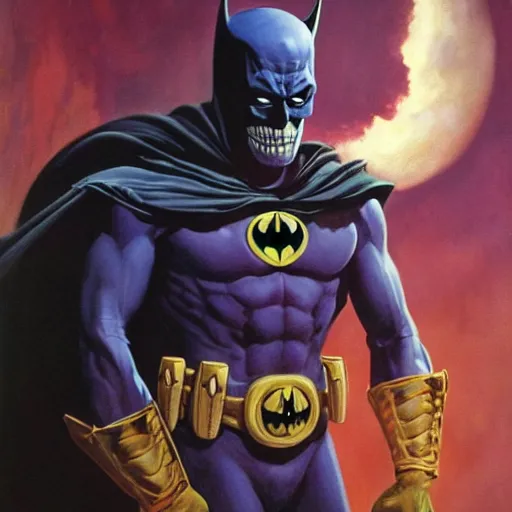 Image similar to ultra realistic portrait painting of skeletor as batman, art by frank frazetta, 4 k, ultra realistic, highly detailed, epic lighting