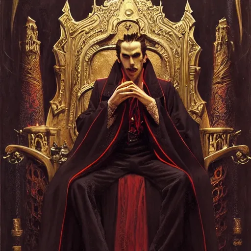 Image similar to perfectly centered portrait of attractive vampire king in a robe sitting on a throne of bones, highly detailed painting by gaston bussiere, craig mullins, j. c. leyendecker, 8 k