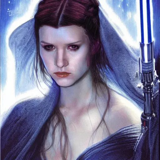 Prompt: head and shoulders portrait of a female knight, star wars, jedi, robes, blue lightsaber, young carrie fisher, by luis royo, vogue fashion photo