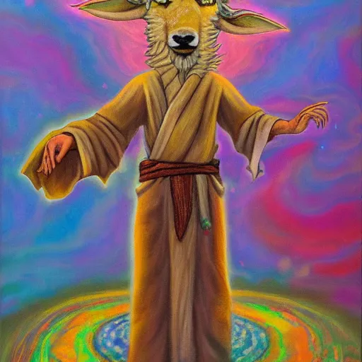 Image similar to an anthromorphic wolf jedi using the force to levitate a sheep, by amanda clark in a psychedelic style, oil on canvas