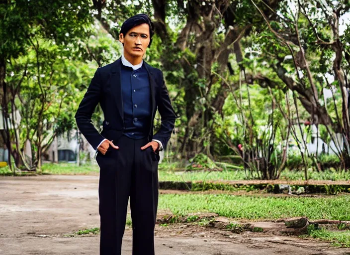 Image similar to outdoor portrait of jose rizal as a very very very extremely handsome!! young man in 2 0 2 2 wearing stylish modern clothes, photo taken in 2 0 2 2, 3 5 mm f 1. 4 digital photo, matte colors