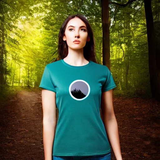 Image similar to clear photorealistic mockup product photograph of a blank black tshirt on an attractive female model in front of a nature background - h 7 0 4