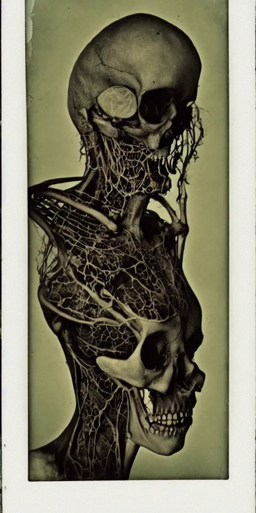 Prompt: an 1 9 1 0 polaroid photography of a very sad and detailed rotten woman corpse with fractal ornate growing around her face muscles, veins, arteries, bones, anatomical, skull, eye, ears, full body, intricate, surreal, ray caesar, john constable, guy denning, dan hillier, black and white