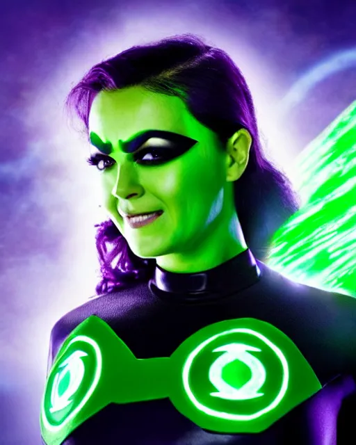 Image similar to photos of beautiful actress Ella Purcell as the Green Lantern Soranik Natu, as she soars thru outer space. Photogenic, purple skin, short black pixie like hair, particle effects, photography, studio lighting, cinematic