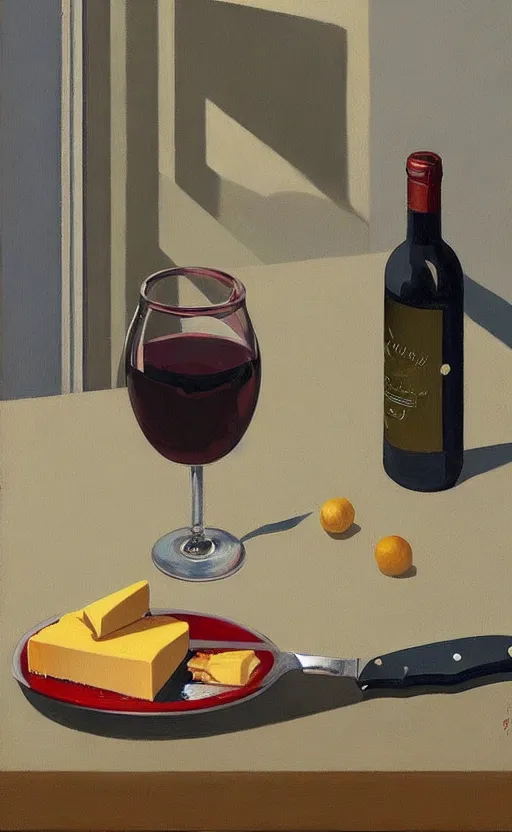 Image similar to beautiful still life featuring A knife tillamook cheese, and red wine, very coherent, painted by Edward Hopper, painted by James Gilleard, airbrush, art by JamesJean