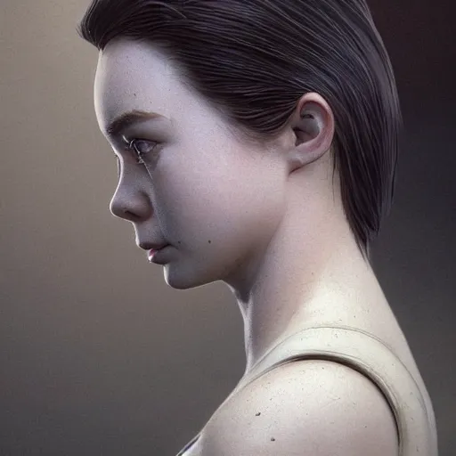 Prompt: insanely detailed head and shoulders masterpiece. instagram photo, kodak portra. by frank frazetta, wlop, ilya kuvshinov, krenz cushart, greg rutkowski, pixiv. zbrush sculpt, octane, maya, houdini, vfx. elle fanning in prey by ayami kojima. cinematic dramatic atmosphere, sharp focus, volumetric lighting.