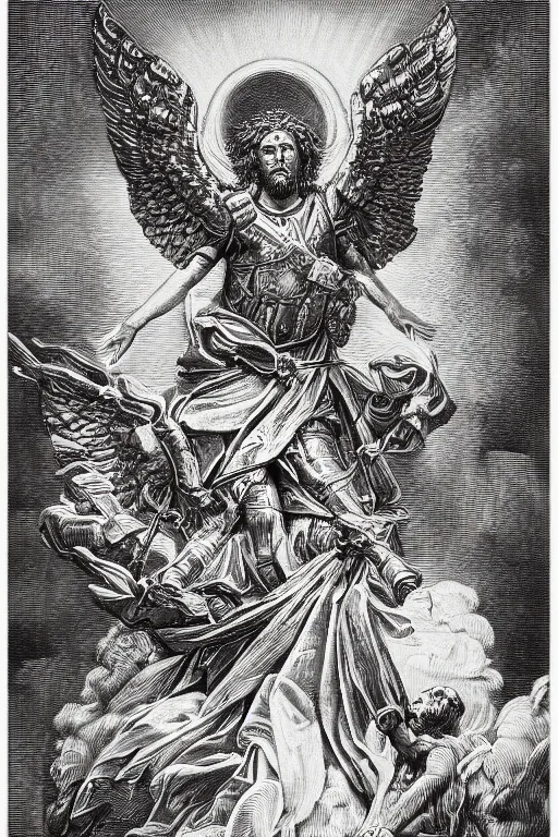 Prompt: A copper engraving of michael the archangel, triumphant, glorious, HD, 4k, 8k, incredibly detailed, intricate, masterpiece,