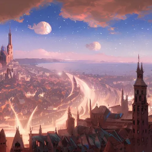 Prompt: Fantastic medieval city with sky in which stars and comets are visible, digital painting, concept art, artstation, 4k, by Makoto Shinkai, Maya Takamura, and James Jean