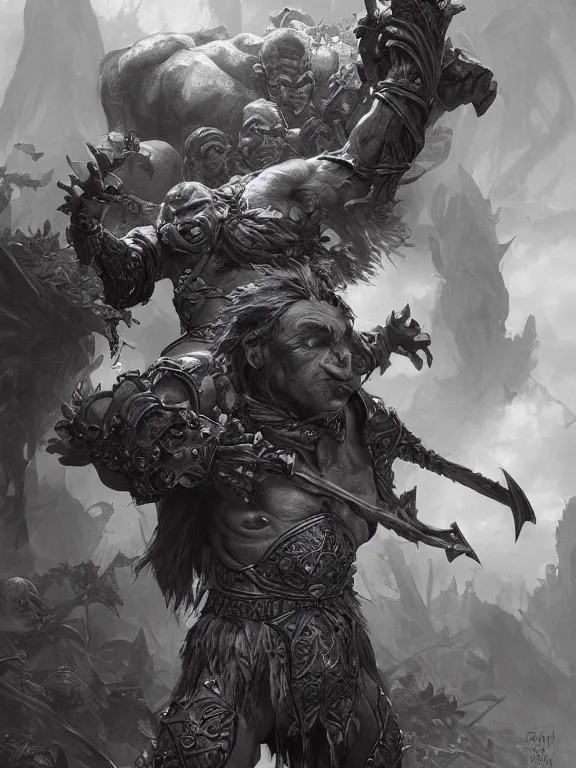 Prompt: orcs fighting elves, highly detailed, male, smooth, sharp focus, dark fantasy, greyscale, digital illustration, by artgerm, greg rutkowski, alphonse mucha