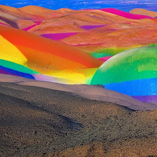 Prompt: floating rainbow colored party balloons above the desert, photography, high resolution 8 k, 3 5 mm lens,