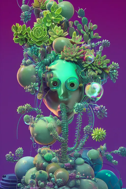 Prompt: epic 3 d abstract non - binary mechanic, 1 6 mm, plum and teal peanut butter melting smoothly into asymmetrical succulents bubbles and cacti, thick wires looping, wavy, kinetic, floating vr headsets, houdini sidefx, deviantart, by jeremy mann, ilya kuvshinov, jamie hewlett and ayami kojima