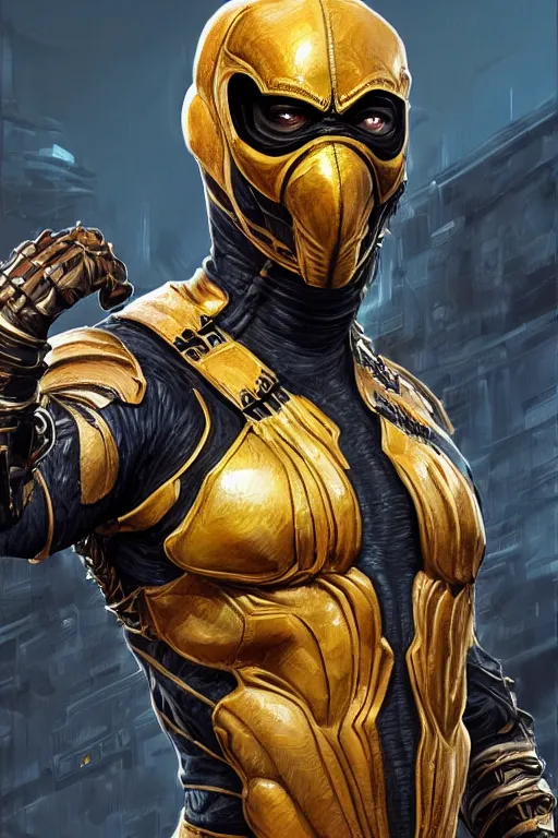 Image similar to ultra realistic illustration, scorpion from mortal kombat dressed like a wakandan warrior, hacknaut cyberpunk, sci - fi, fantasy, intricate, elegant, highly detailed, digital painting, artstation, concept art, smooth, sharp focus, illustration, art by artgerm and greg rutkowski and alphonse mucha