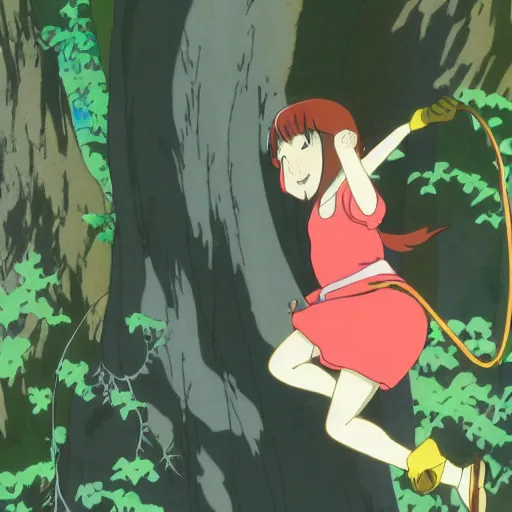 Prompt: anime cel of a girl climbing a tree
