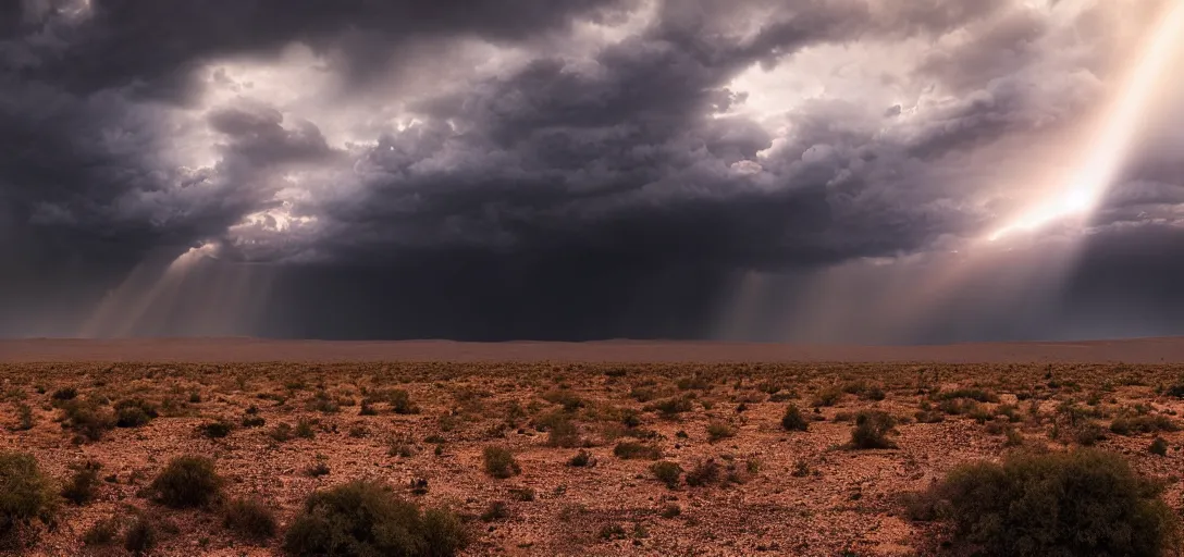 Image similar to a beautiful picture of a dark turbulent cloud looming on the horizon in a desert with god rays breaking through the cloud, intricate detail, impending doom, sunset, serene, haze, volumetric lighting, volumetric clouds, 8 k, hyperrealistic, digital art trending on artstation