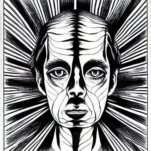 Image similar to an alex grey drawing, micron pen, black ink, a portal to another dimension, portrait