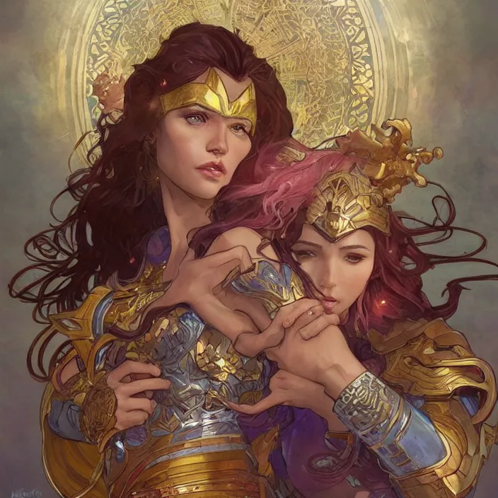 Image similar to gatot kaca as super heroes, closed up portrait,, highly detailed, gold filigree, romantic storybook fantasy, soft cinematic lighting, award, disney concept art watercolor illustration by mandy jurgens and alphonse mucha and alena aenami, pastel color palette, featured on artstation