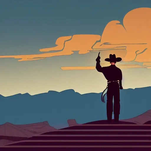 Image similar to cowboy on the range, beautiful New Mexico landscape, Art Deco, pulp noir, animated series, cel-shading, toon shading, unity, 8k, 4k, by Radomski