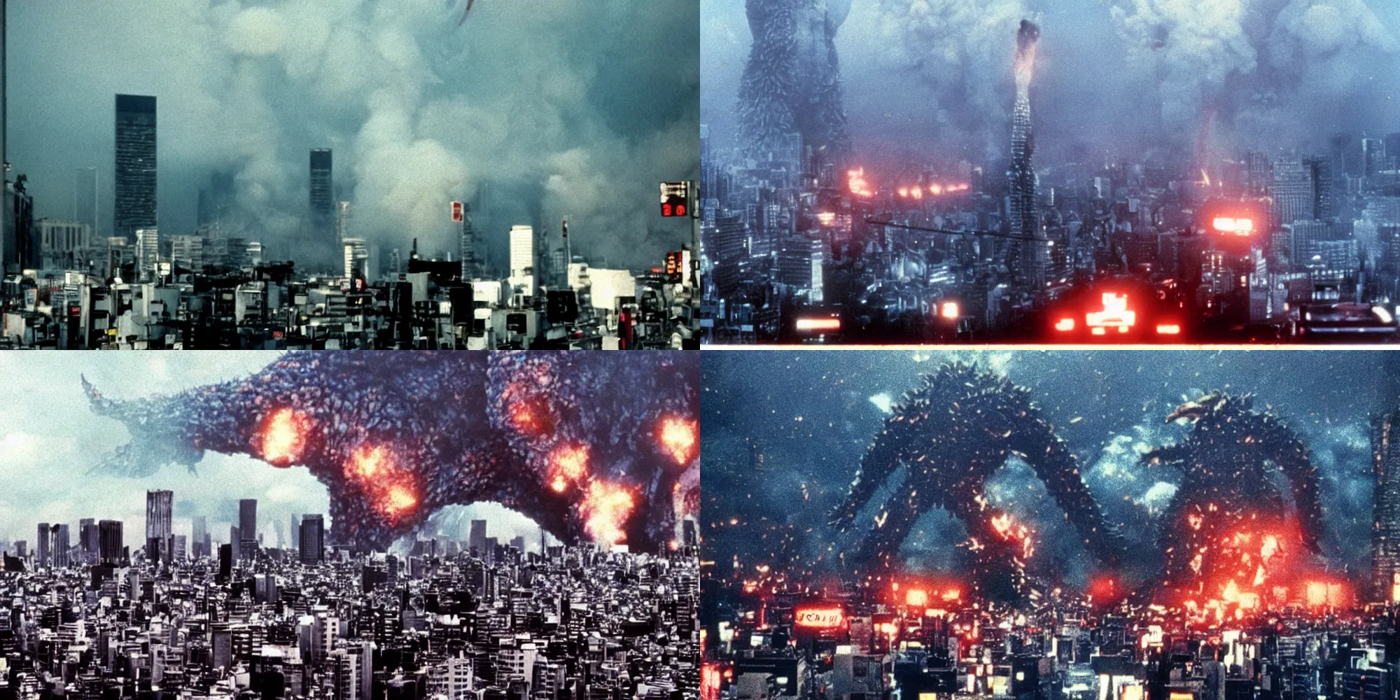 Prompt: donald trump as a massive kaiju attacking tokyo, cinestill 8 0 0 t, 1 9 8 0 s movie still, film grain