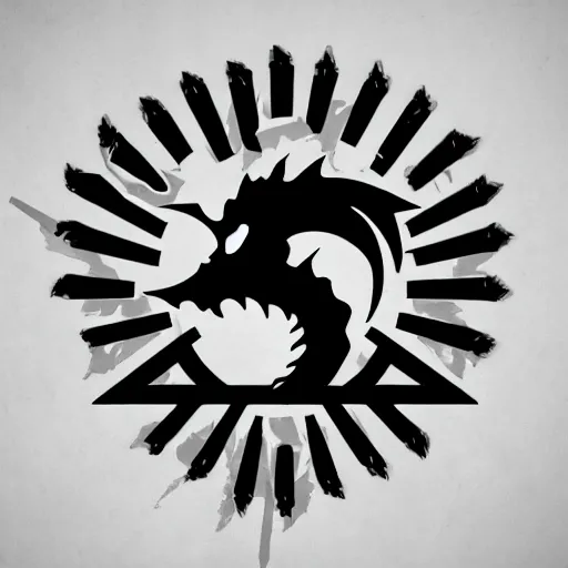 Prompt: hyper minimalist insignia of a post apocalyptic utopian future faction ruled by dragons, designed by dragons, wings over kingdom