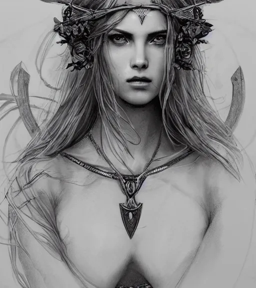 Image similar to beautiful aphrodite goddess wearing an arrow on her head, realistic face, beautiful eyes, black and white drawing, in the style of greg rutkowski, fantasy, amazing detail, epic, intricate, elegant, smooth, sharp focus