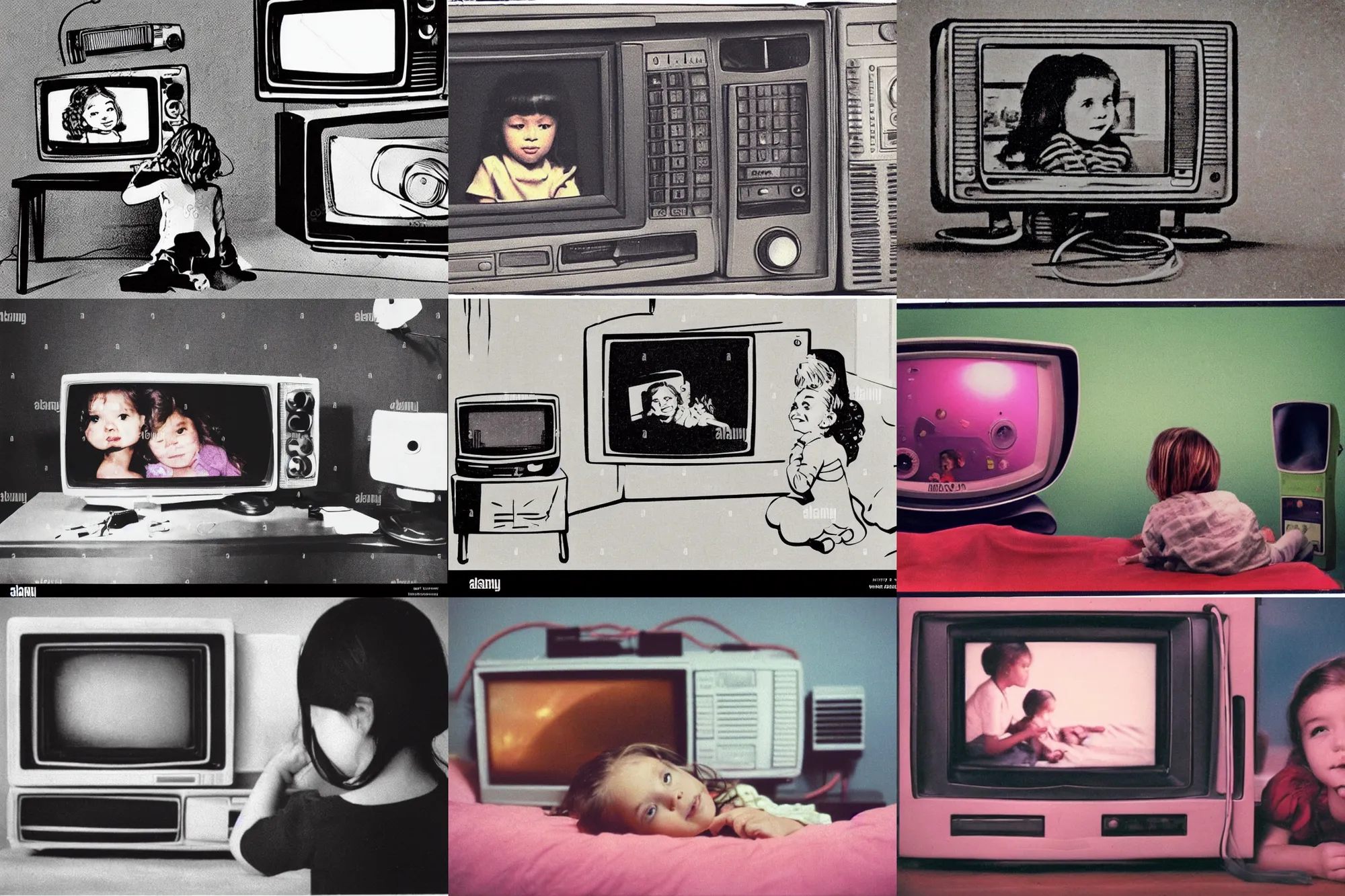 Prompt: A little girl is watching TV in her room at night. The girl is on her bed. The cathode-ray tube TV. Color VHS picture quality with mixed noise.