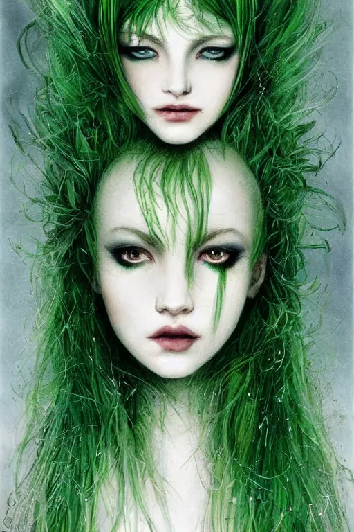 Image similar to beautiful symmetrical portrait of a woman with green hair, feathered silk dress, sparkling eyes, runny make up by luis royo and alan lee