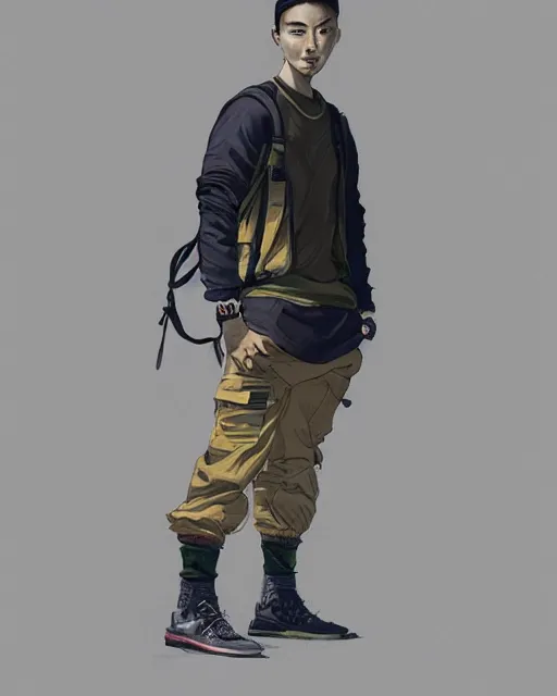 Prompt: a full body portrait of asian bonze wearing cargo streetwear - sporty, sleek, tech utility - lots of zippers, pockets, synthetic materials, chic'techno fashion trend by issey miyake and balenciaga, softlight, photorealistic, art by artgerm and greg rutkowski