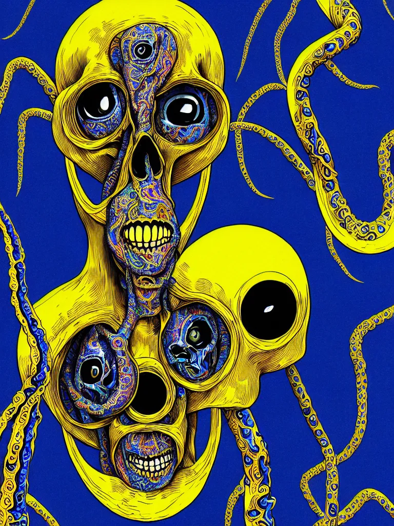 Image similar to a self portrait by the artist kelbv, in distinct hyper detailed style with tubes coming from eyes, and hollowed skull filled with blue and yellow paisley ellipsoids, perfect studio lighting against a backdrop of a still from the movie squid asthma.