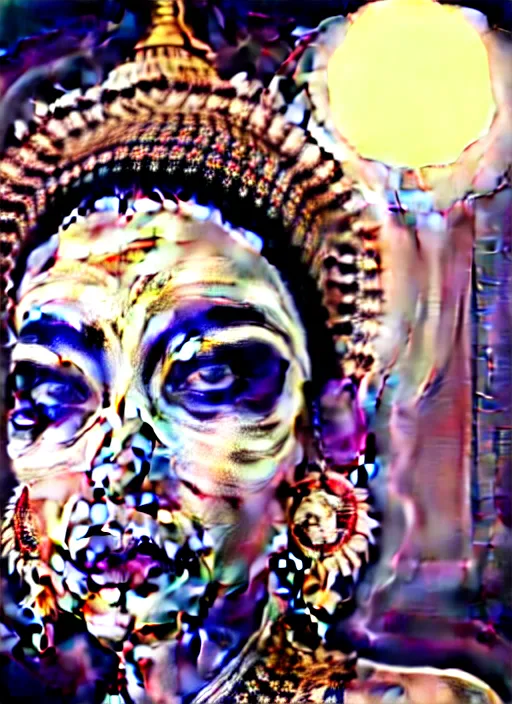 Image similar to absurdly beautiful young thai woman with symmetrical white makeup, wearing an intricate headdress made from bones, wearing large earrings made from white bones, hyperdetailed illustration by irakli nadar and alexandre ferra, intricate linework, unreal engine 5 highly rendered, global illumination, radiant light, detailed and intricate environment